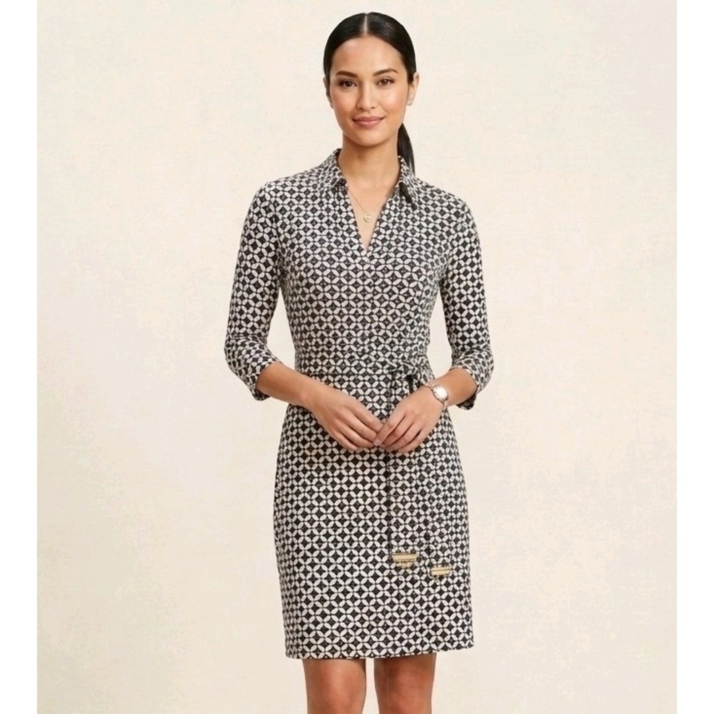 Tommy Hilfiger  Dress Tie  Womens 8 Black White Tan Geometric Jersey Knit Midi